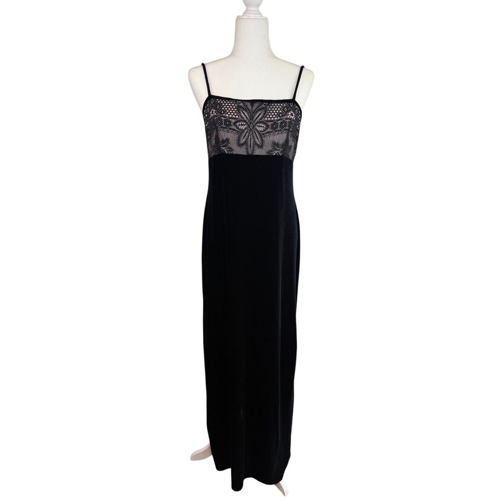 Vintage J.R. Nites Black Velvet Lace Maxi Dress Size S 90s Whimsygoth Evening